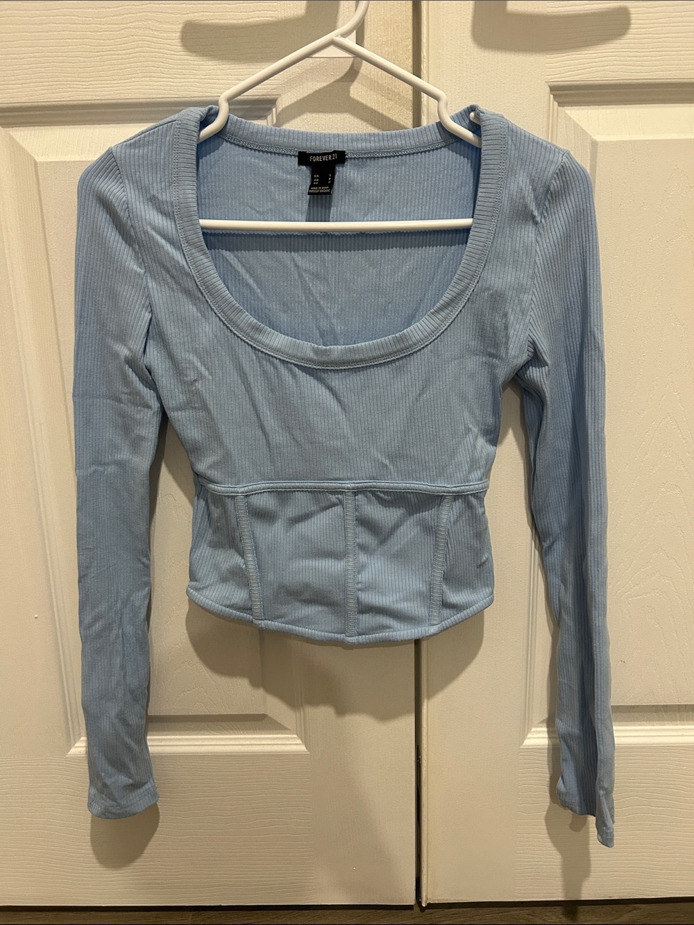 Forever 21 Light Blue Ribbed Scoop-Neck Corset Cropped Long Sleeve Top